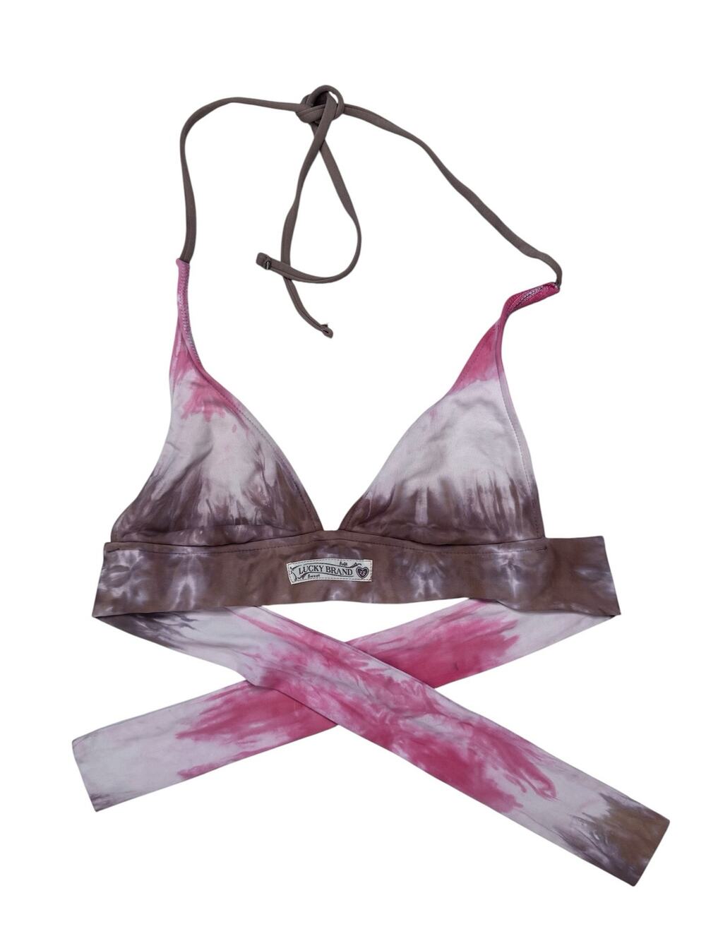 Vintage 90s LUCKY BRAND Tie Dye Halter Bikini Top in Brown & Pink Size Small